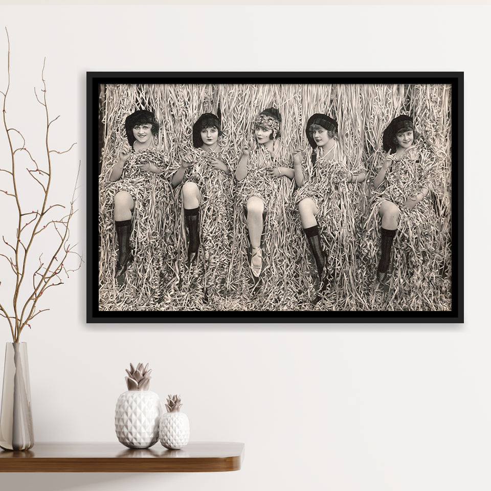 Confetti Girls Photo Black And White Print, Retro Hollywood Flapper Girls Framed Canvas Prints Wall Art Home Decor,Floating Frame
