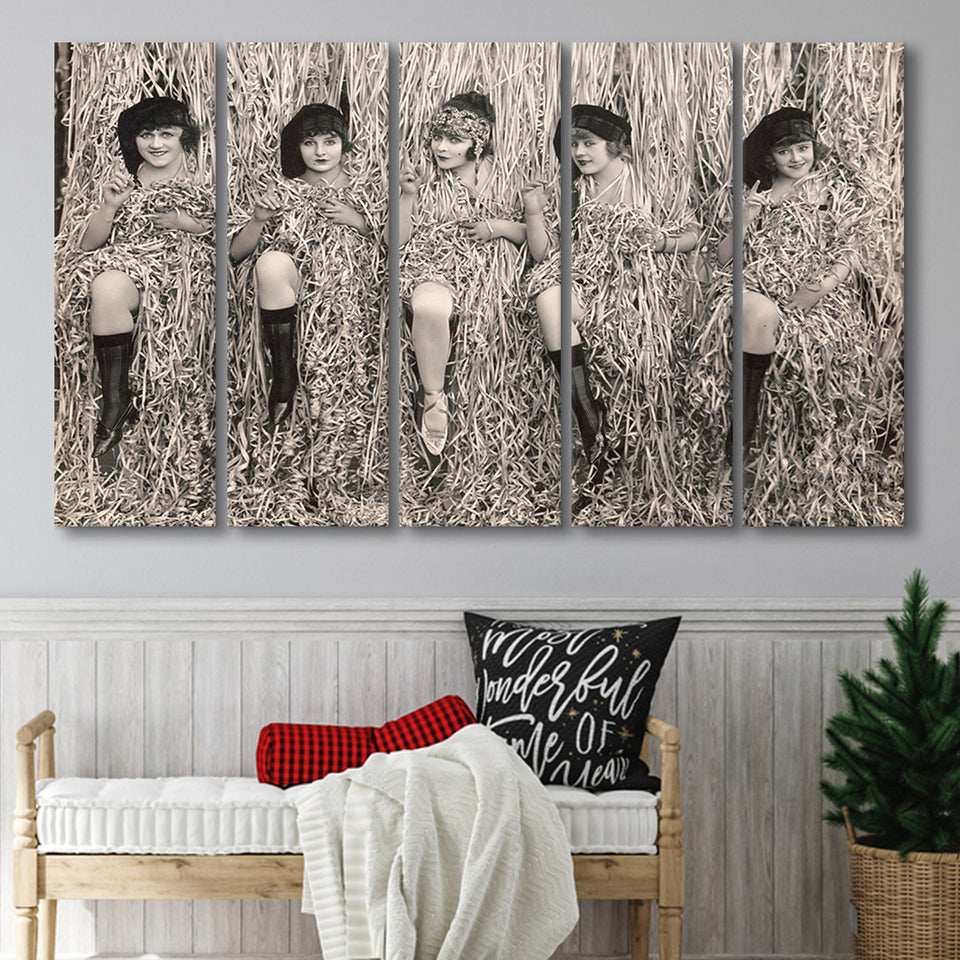 Confetti Girls Photo Black And White Print, Retro Hollywood Flapper Girls Larger Canvas Art, 5 Piece Canvas Prints Wall Art Decor