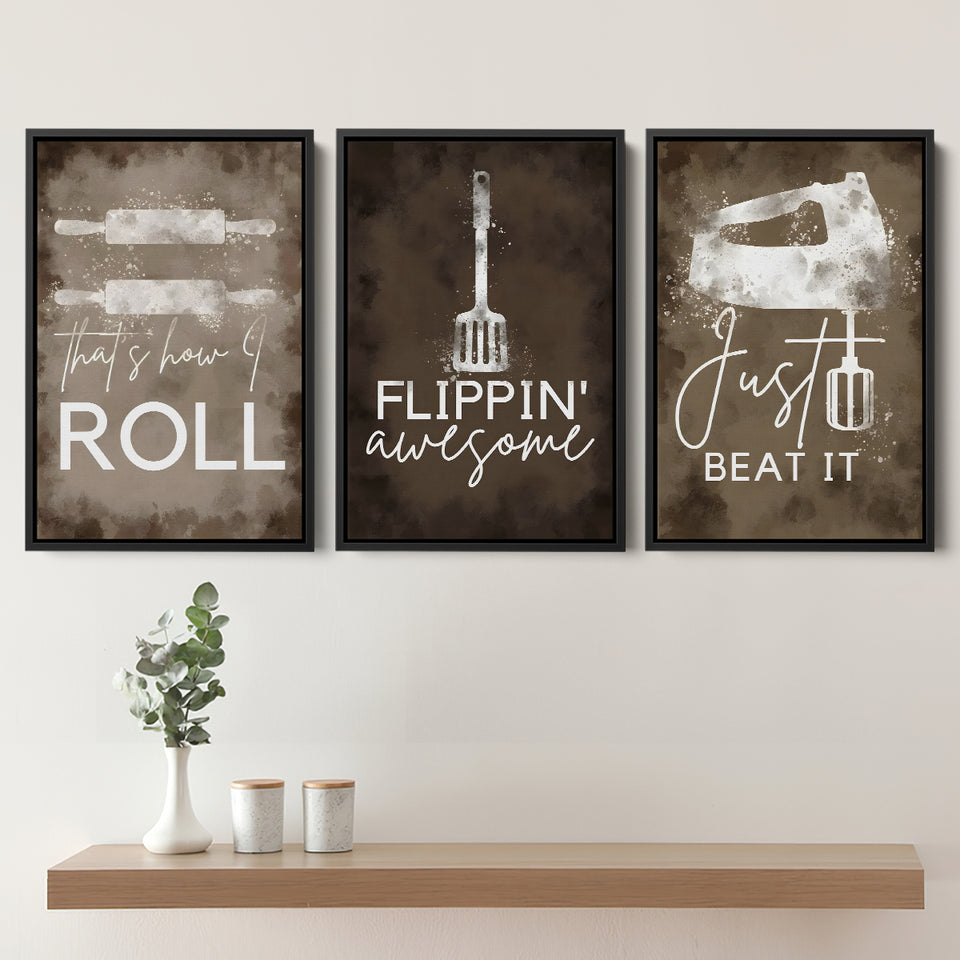 Cookin Vibes Home Kitchen Set of 3 Piece Framed Canvas Prints Wall Art Decor