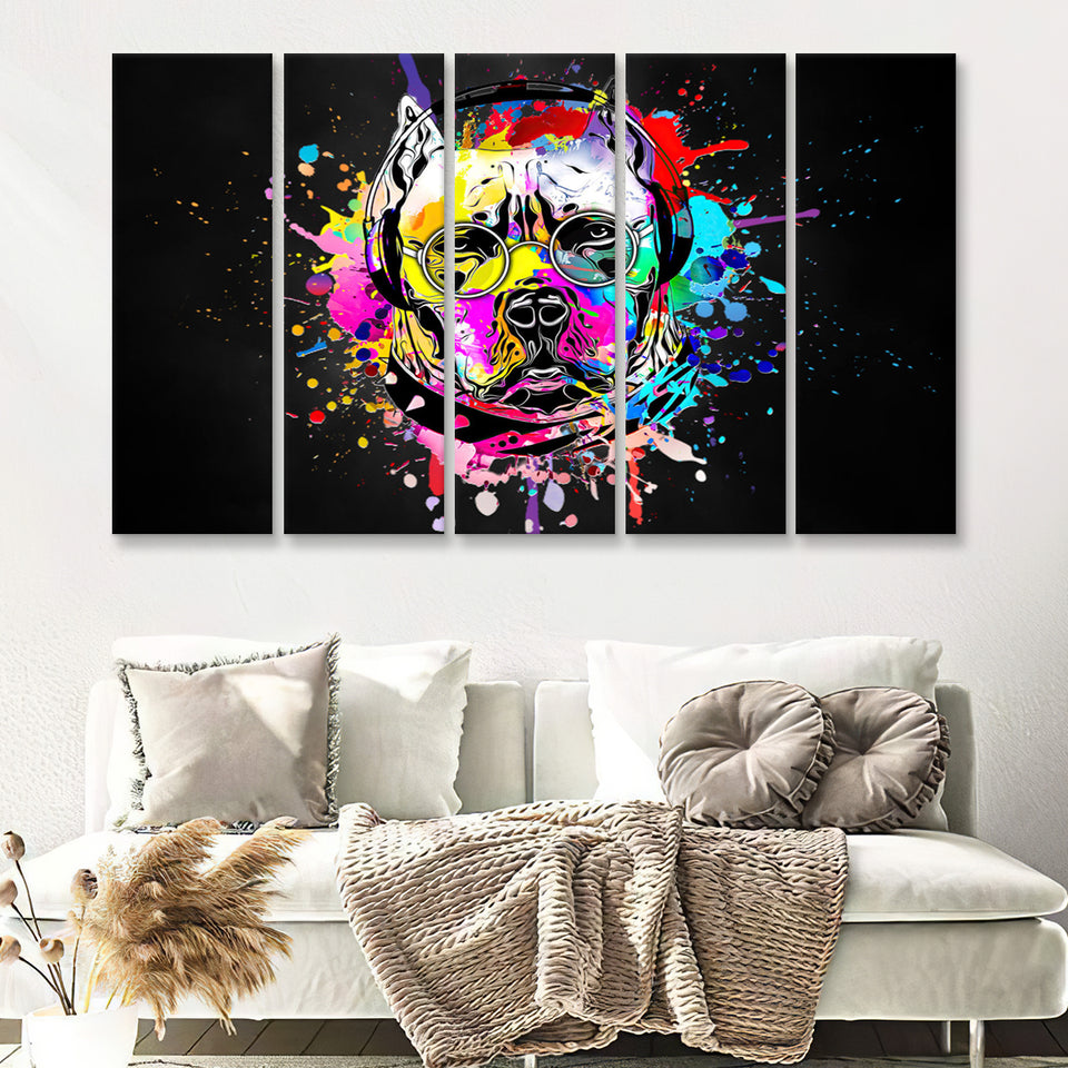 Cool Bulldog On Headphone Colorful Canvas 5 Piece B Prints Wall Art Decor - Painting Canvas, Multi Panels, Canvas Prints