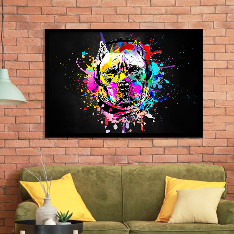 Cool Bulldog On Headphone Colorful Framed Art Print Wall Decor - Painting Art, Wall Art Decor, Framed Picture, Black Frame
