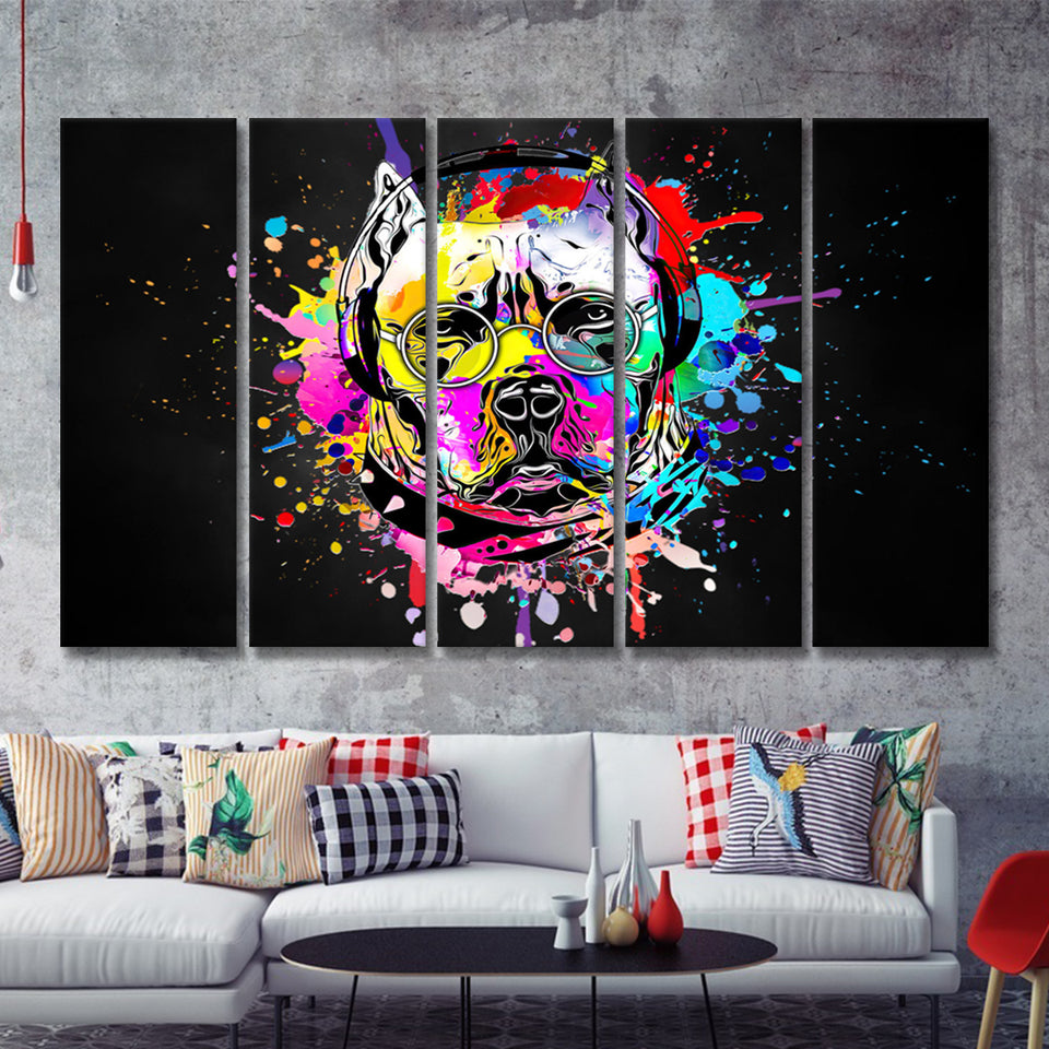 Cool Bulldog On Headphone Colorful Canvas 5 Piece B Prints Wall Art Decor - Painting Canvas, Multi Panels, Canvas Prints