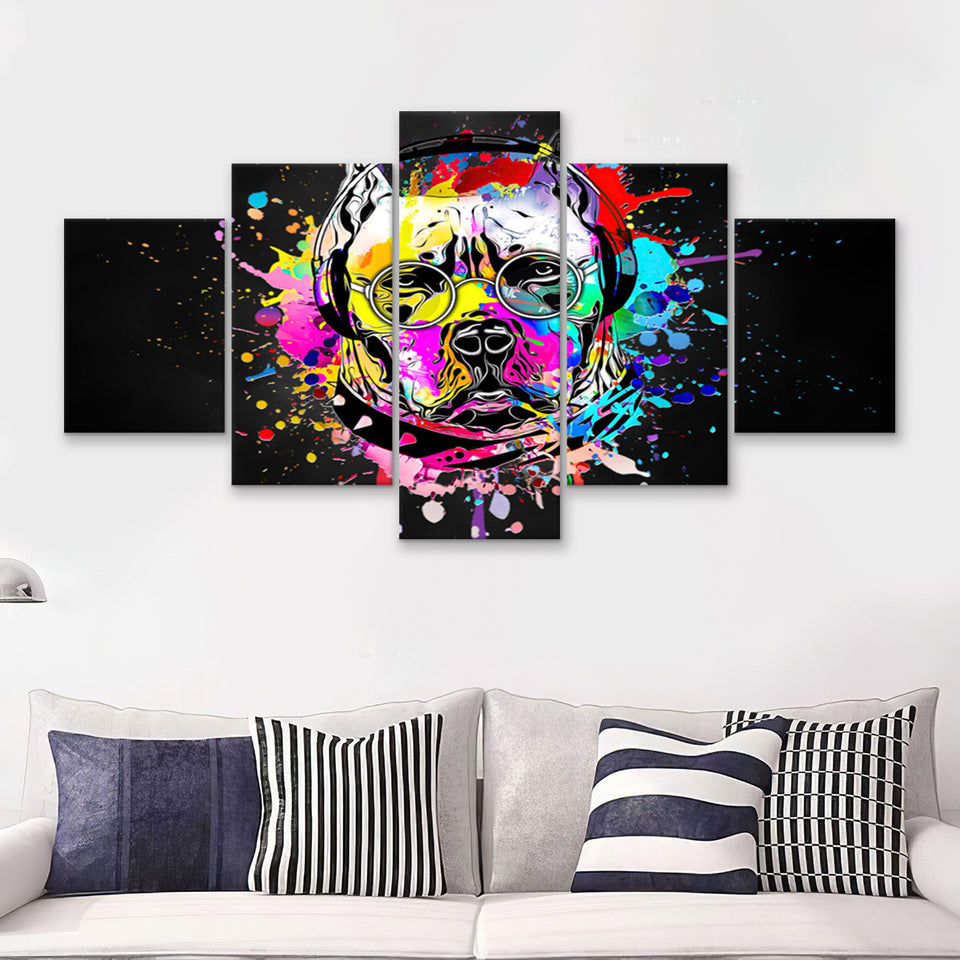 Cool Bulldog On Headphone Colorful Canvas 5 Pieces Prints Wall Art Decor - Painting Canvas, Multi Panels, Canvas Print