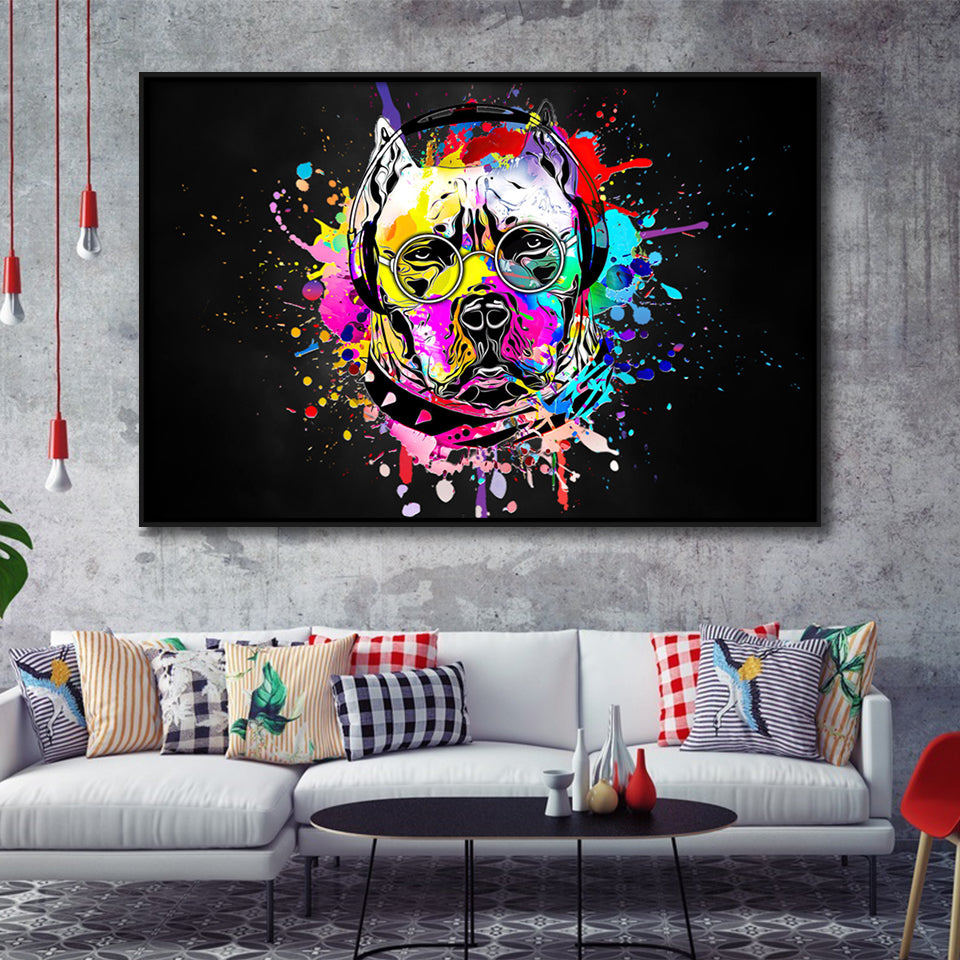 Cool Bulldog On Headphone Colorful Framed Canvas Prints Wall Art Decor - Painting Canvas, Floating Frame, Framed Picture
