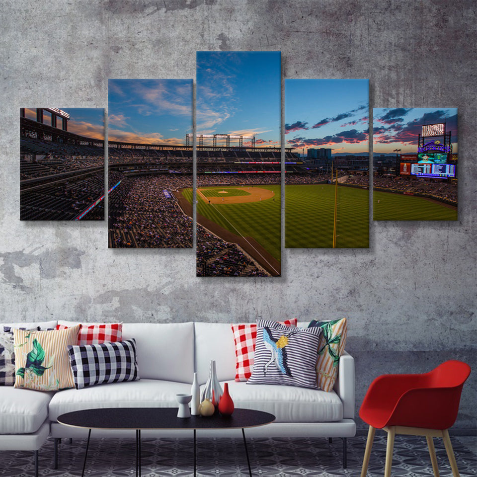 Coors Field Sunset Colorado Rockies Baseball Mlb Stadiums  5 Pieces Canvas Prints Wall Art - Painting Canvas, Multi Panel, Home Wall Decor