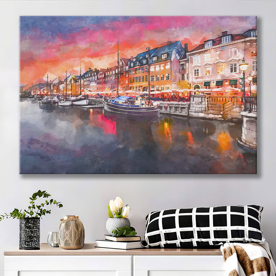 Copenhagen Denmark On Nyhavn Canal City Art Watercolor Canvas Prints Wall Art Home Decor, Large Canvas
