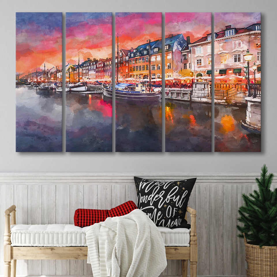 Copenhagen Denmark On Nyhavn Canal 5 Pieces Extra Large Canvas Prints Wall Art Home Decor