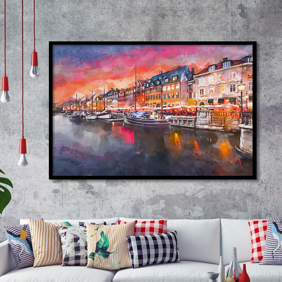 Copenhagen Denmark On Nyhavn Canal City Art Watercolor Framed Art Prints Wall Art Decor,Framed Picture