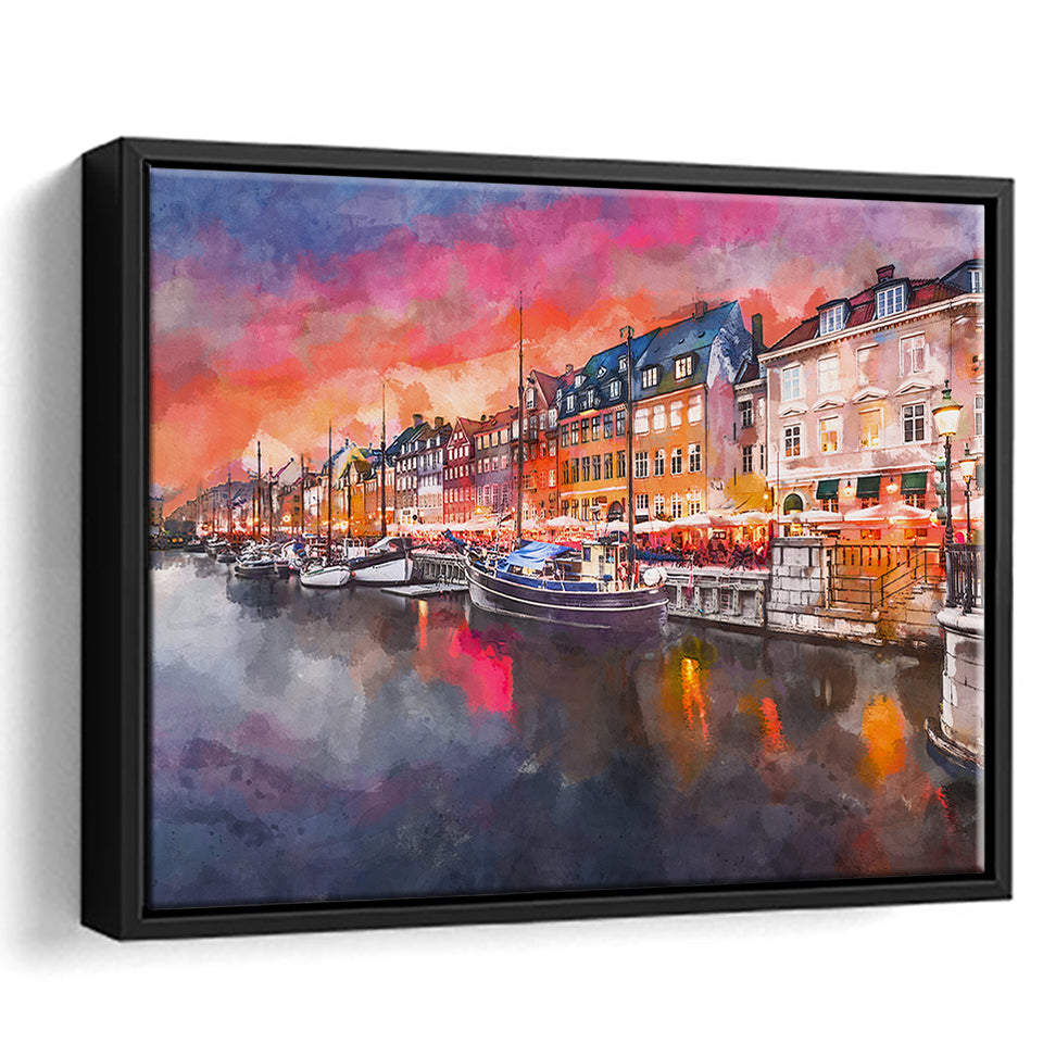 Copenhagen Denmark On Nyhavn Canal City Art Watercolor Framed Canvas Prints Wall Art Home Decor,Floating Frame