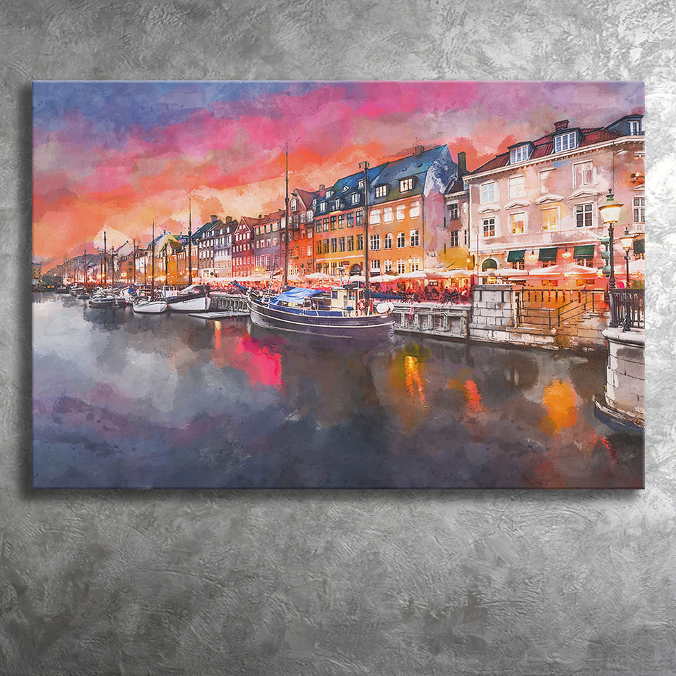 Copenhagen Denmark On Nyhavn Canal City Art Watercolor Canvas Prints Wall Art Home Decor, Large Canvas
