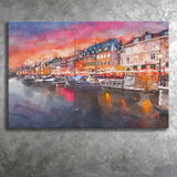 Copenhagen Denmark On Nyhavn Canal City Art Watercolor Canvas Prints Wall Art Home Decor, Large Canvas