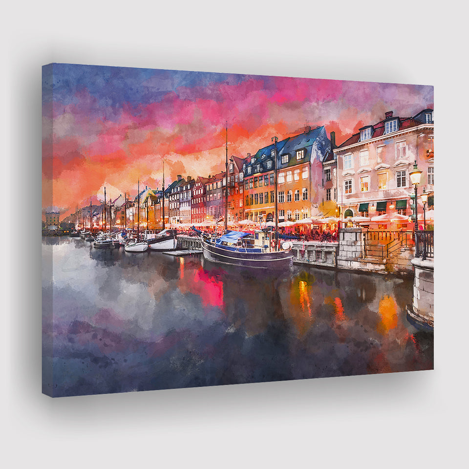Copenhagen Denmark On Nyhavn Canal City Art Watercolor Canvas Prints Wall Art Home Decor, Large Canvas