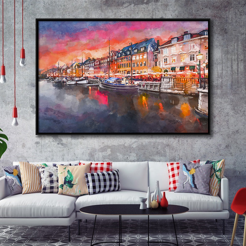 Copenhagen Denmark On Nyhavn Canal City Art Watercolor Framed Canvas Prints Wall Art Home Decor,Floating Frame