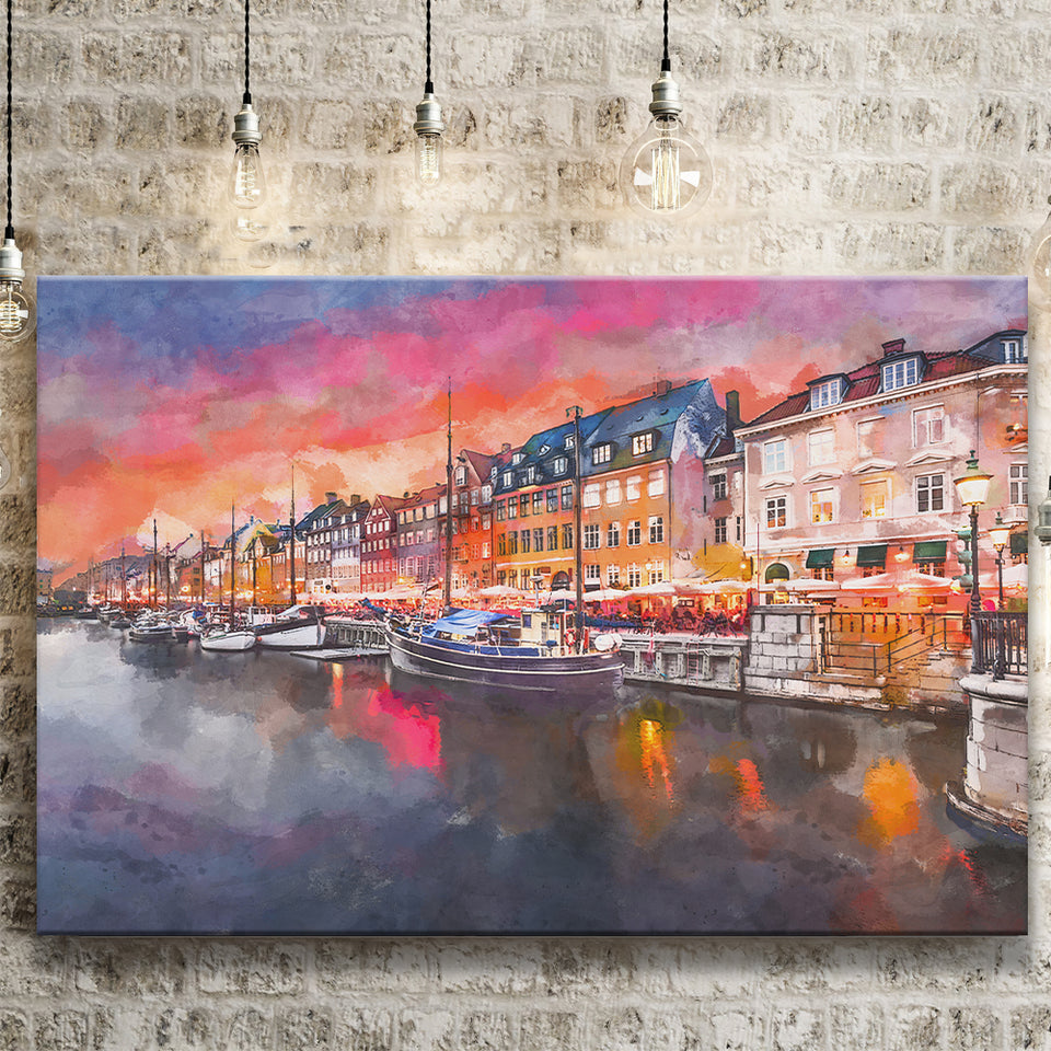 Copenhagen Denmark On Nyhavn Canal City Art Watercolor Canvas Prints Wall Art Home Decor, Large Canvas