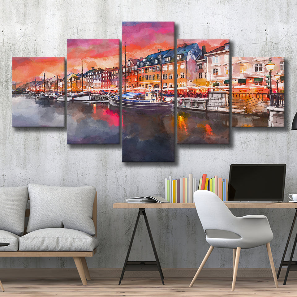 Copenhagen Denmark On Nyhavn Canal 5 Pieces Mixed Canvas Prints Wall Art Home Decor