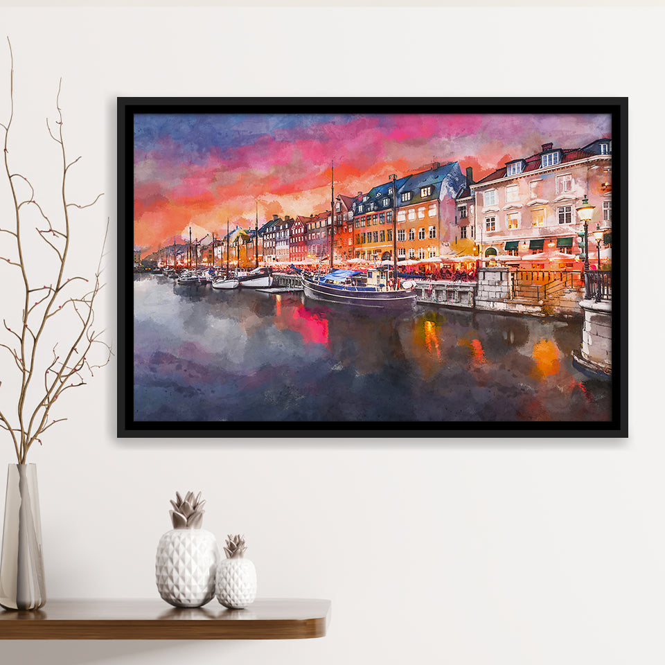 Copenhagen Denmark On Nyhavn Canal City Art Watercolor Framed Canvas Prints Wall Art Home Decor,Floating Frame