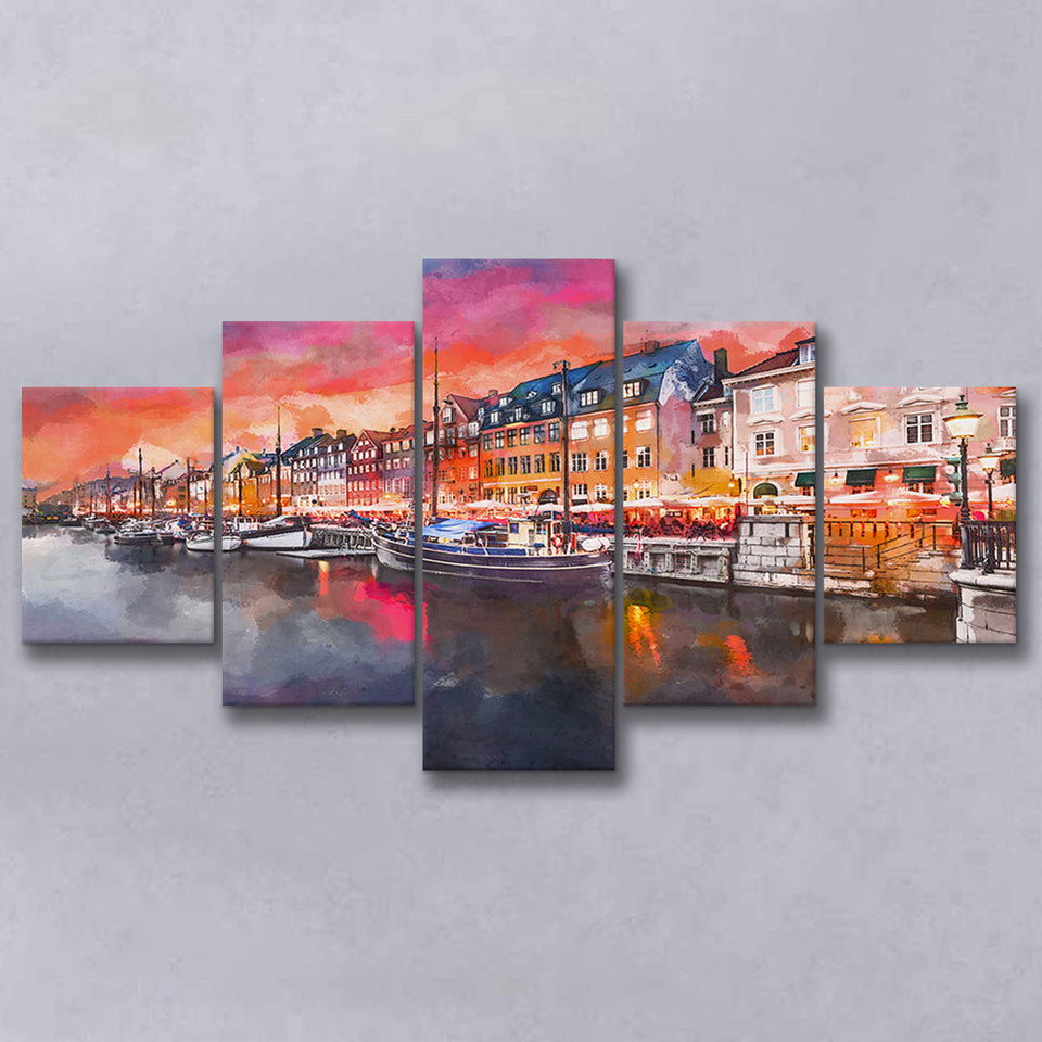 Copenhagen Denmark On Nyhavn Canal 5 Pieces Mixed Canvas Prints Wall Art Home Decor