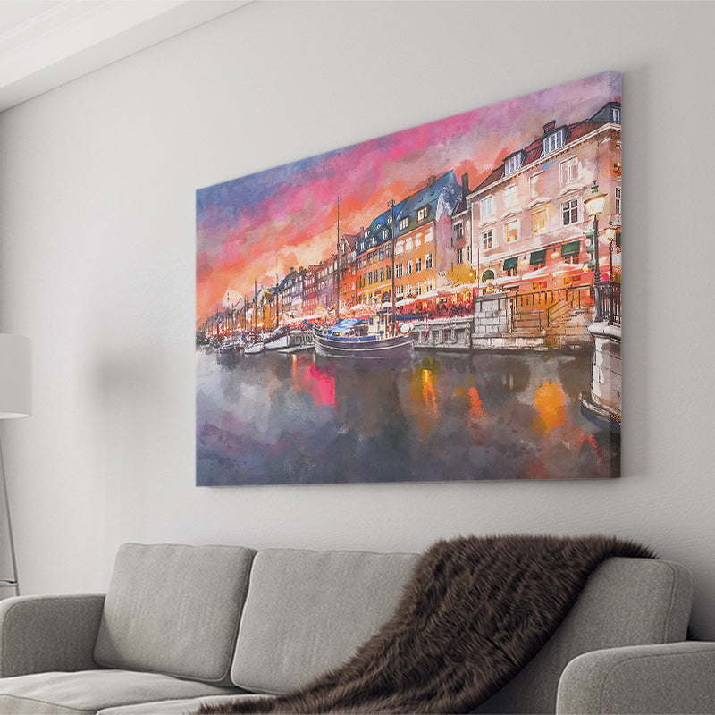 Copenhagen Denmark On Nyhavn Canal City Art Watercolor Canvas Prints Wall Art Home Decor, Large Canvas