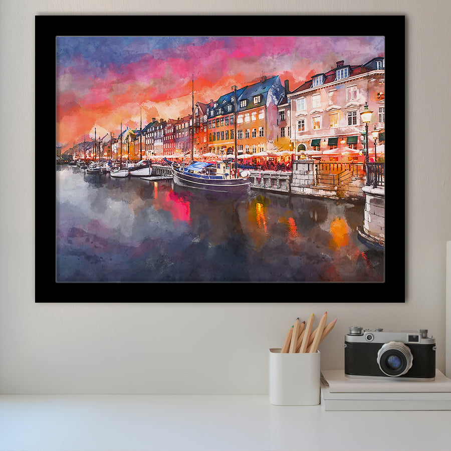 Copenhagen Denmark On Nyhavn Canal City Art Watercolor Framed Art Prints Wall Art Decor,Framed Picture