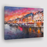 Copenhagen Denmark On Nyhavn Canal City Art Watercolor Canvas Prints Wall Art Home Decor, Large Canvas