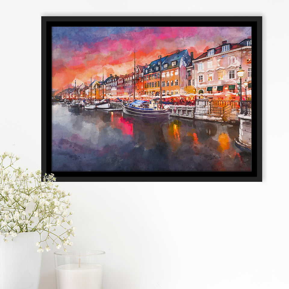 Copenhagen Denmark On Nyhavn Canal City Art Watercolor Framed Canvas Prints Wall Art Home Decor,Floating Frame