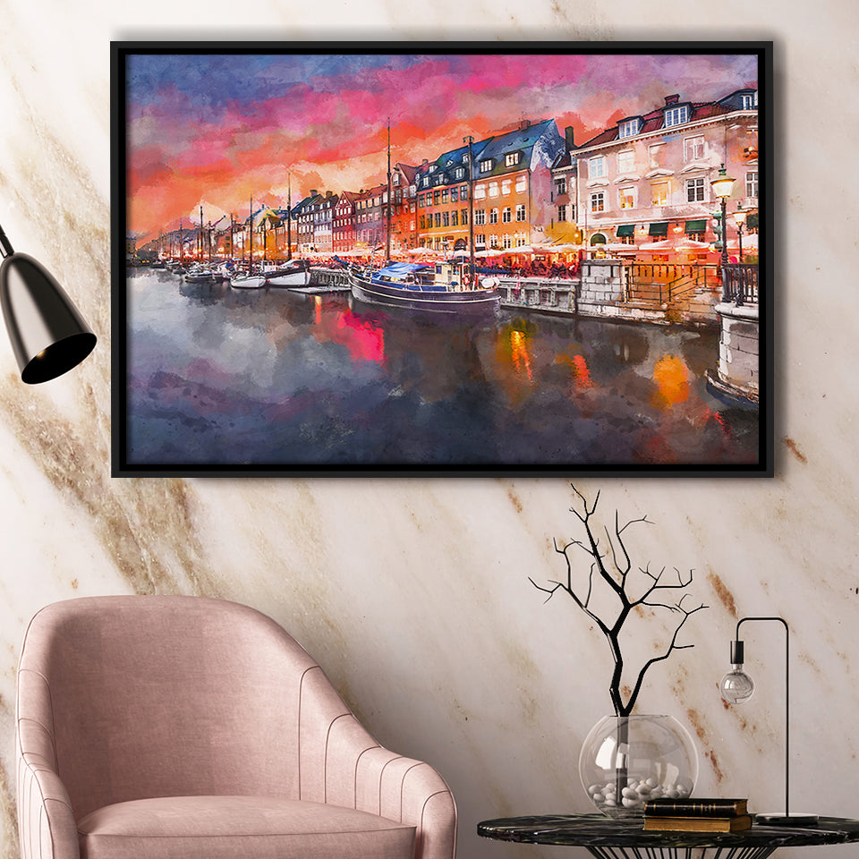 Copenhagen Denmark On Nyhavn Canal City Art Watercolor Framed Canvas Prints Wall Art Home Decor,Floating Frame