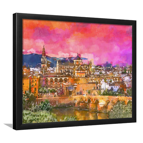 Cordoba Spain Mosquecathedral Roman Bridge City Art Watercolor Framed Art Prints Wall Art Decor,Framed Picture