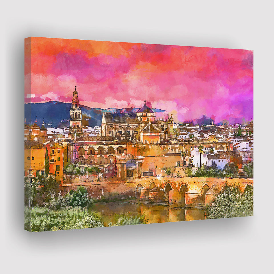 Cordoba Spain Mosquecathedral Roman Bridge City Art Watercolor Canvas Prints Wall Art Home Decor, Large Canvas
