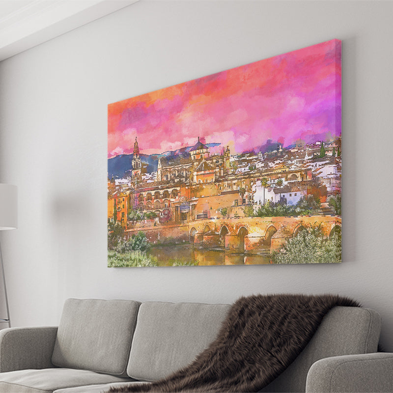 Cordoba Spain Mosquecathedral Roman Bridge City Art Watercolor Canvas Prints Wall Art Home Decor, Large Canvas