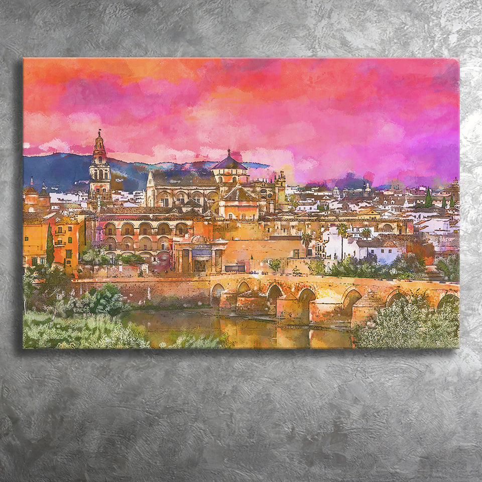 Cordoba Spain Mosquecathedral Roman Bridge City Art Watercolor Canvas Prints Wall Art Home Decor, Large Canvas