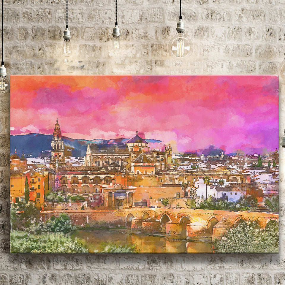 Cordoba Spain Mosquecathedral Roman Bridge City Art Watercolor Canvas Prints Wall Art Home Decor, Large Canvas