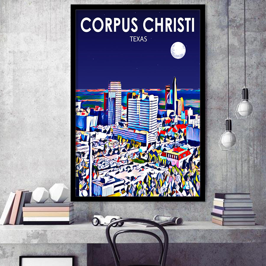 Corpus Christi TX Art Texas Night Landscape, City Art Print, Framed Art Print Wall Art Home Decor, Framed Picture