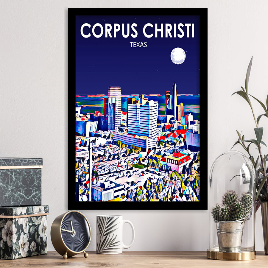 Corpus Christi TX Art Texas Night Landscape, City Art Print, Framed Art Print Wall Art Home Decor, Framed Picture