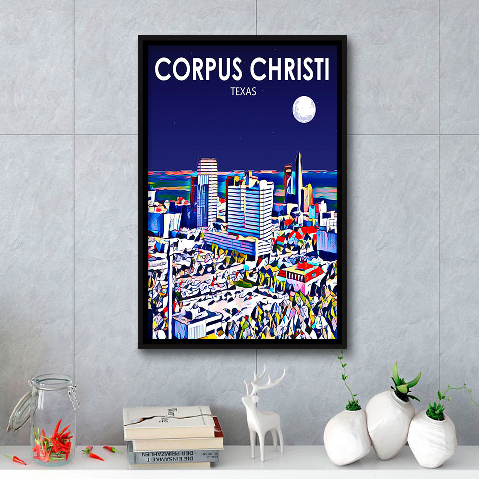 Corpus Christi TX Art Texas Night Landscape, Large Canvas, Framed Canvas Print Wall Art Home Decor, Floating Frame