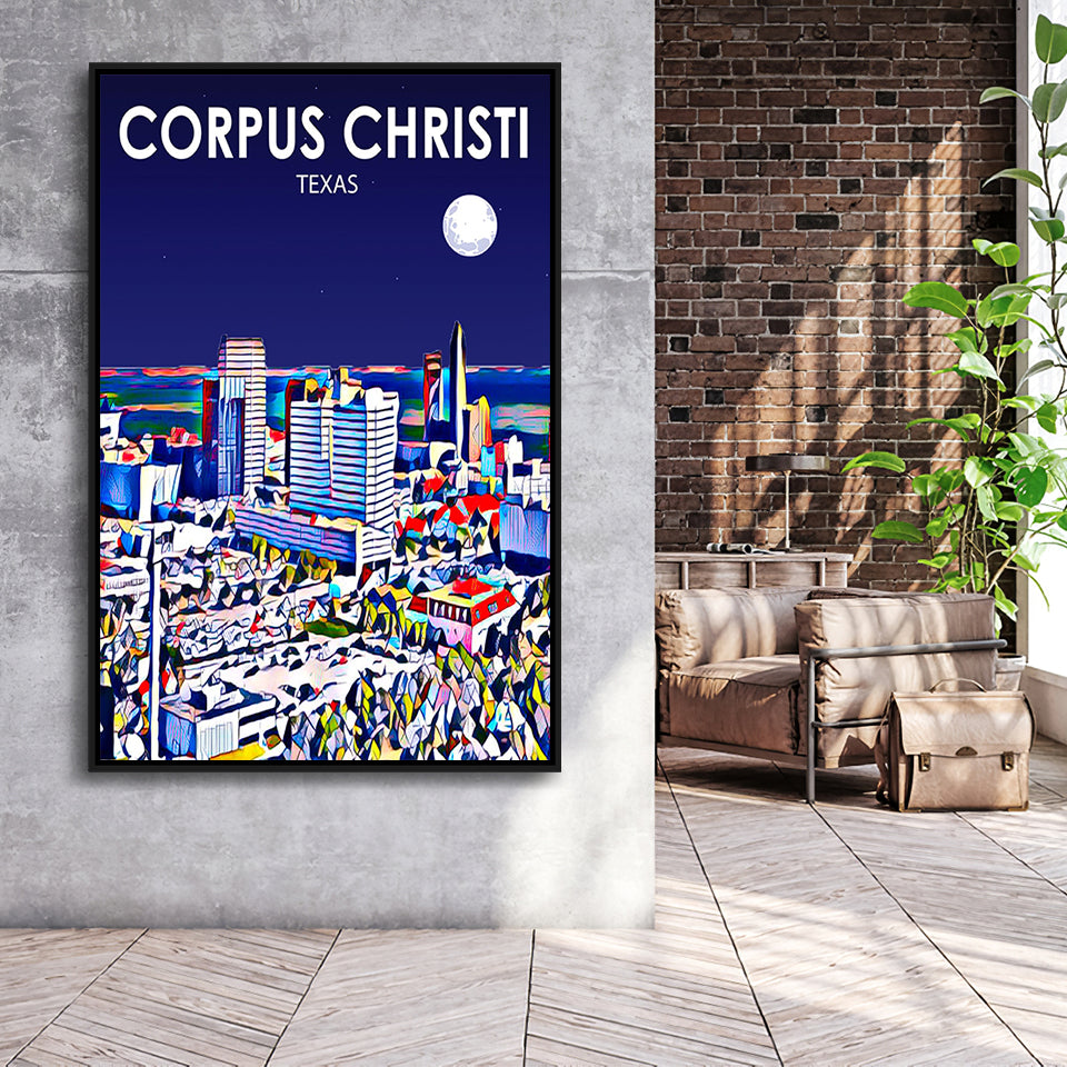 Corpus Christi TX Art Texas Night Landscape, Large Canvas, Framed Canvas Print Wall Art Home Decor, Floating Frame