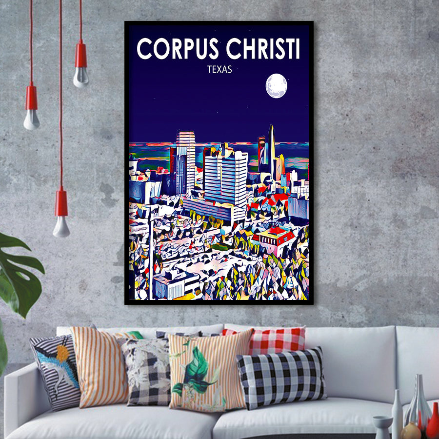 Corpus Christi TX Art Texas Night Landscape, City Art Print, Framed Art Print Wall Art Home Decor, Framed Picture