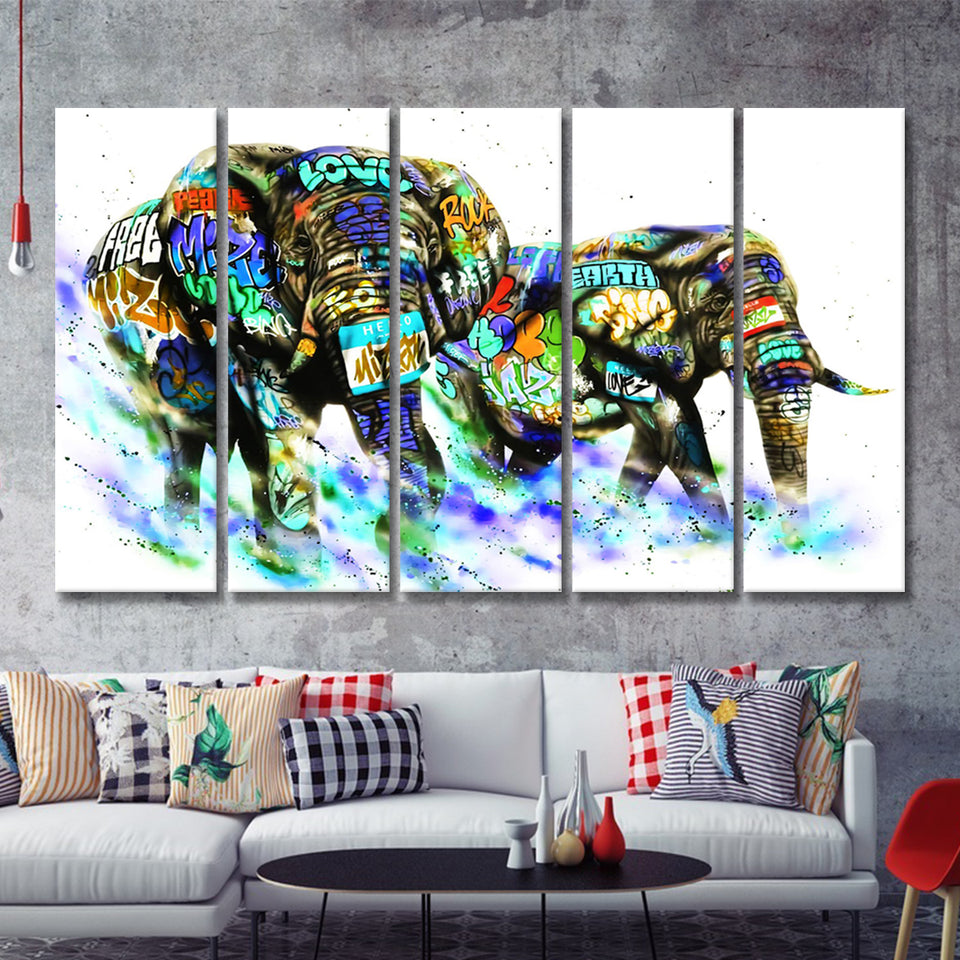 Couple Elephant Love Graffiti Art Canvas 5 Piece B Prints Wall Art Decor - Painting Canvas, Multi Panels, Canvas Prints