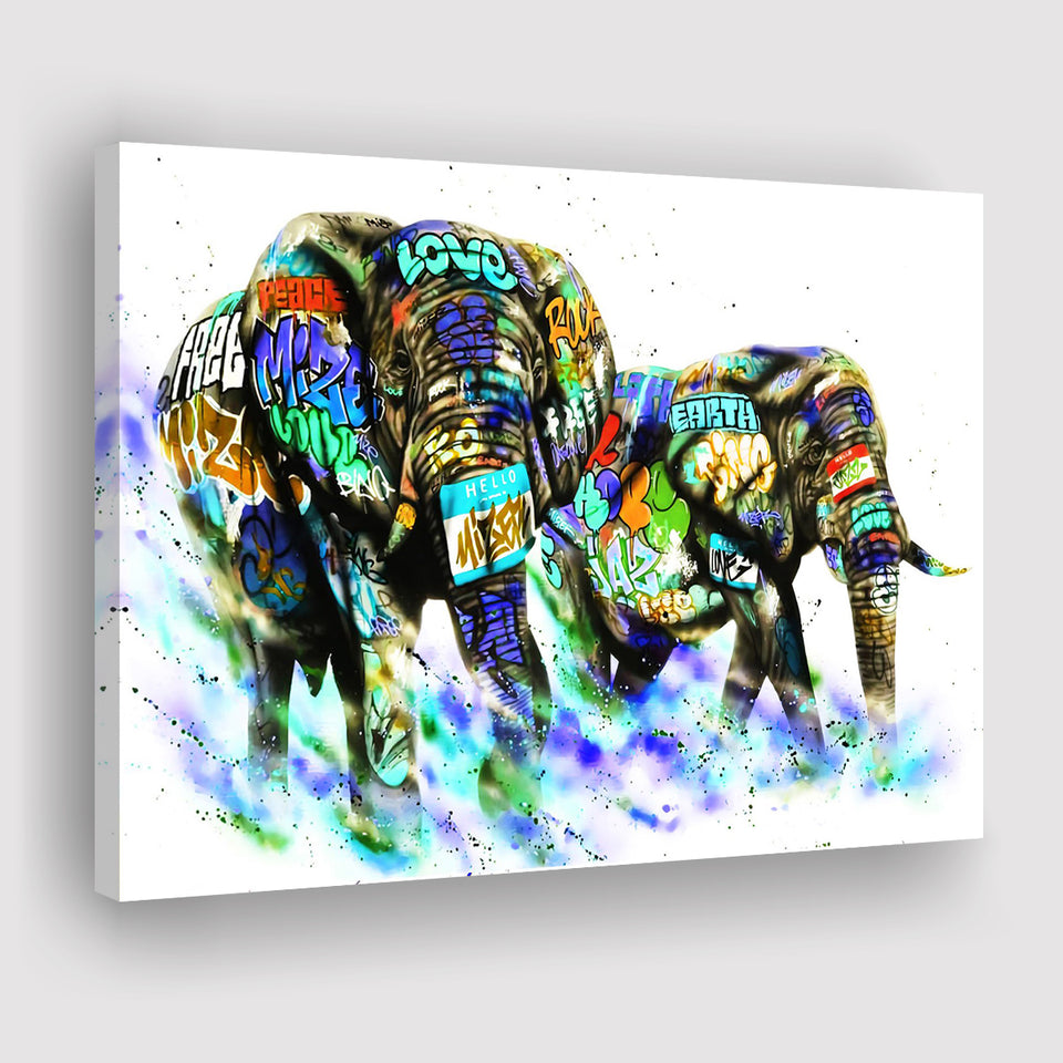Couple Elephant Love Graffiti Art Canvas Prints Wall Art Decor - Painting Canvas, Home Decor, Art Print, Art For Sale