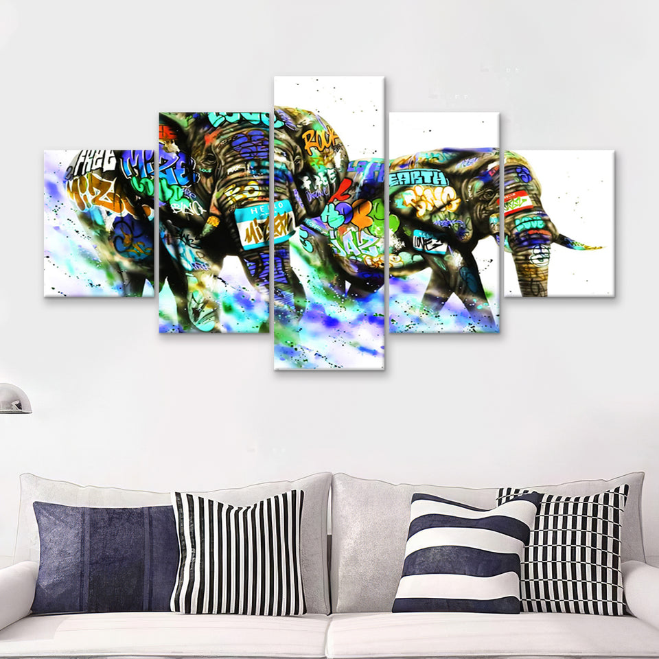 Couple Elephant Love Graffiti Art Canvas 5 Pieces Prints Wall Art Decor - Painting Canvas, Multi Panels, Canvas Print