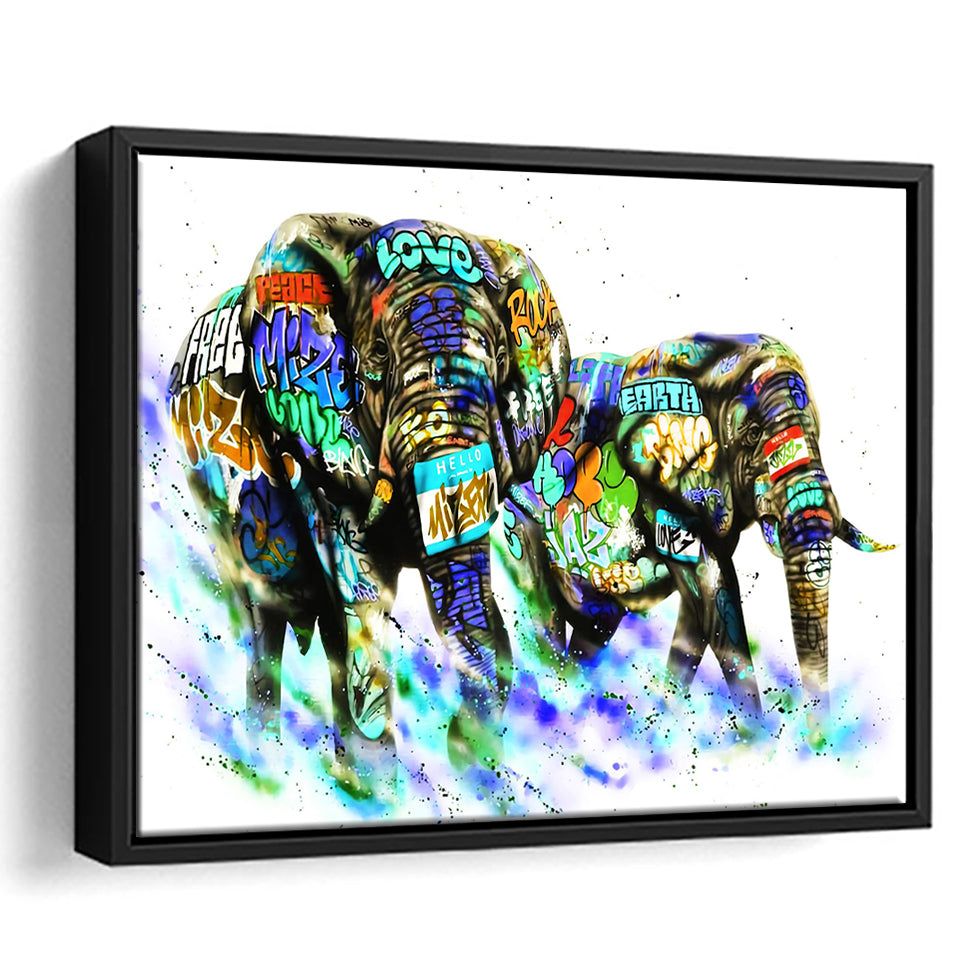 Couple Elephant Love Graffiti Art Framed Canvas Prints Wall Art Decor - Painting Canvas, Floating Frame, Framed Picture