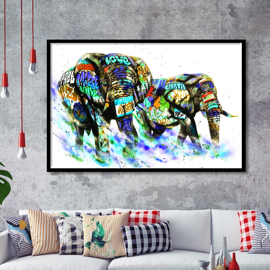 Couple Elephant Love Graffiti Art Framed Art Print Wall Decor - Painting Art, Wall Art Decor, Framed Picture, Black Frame