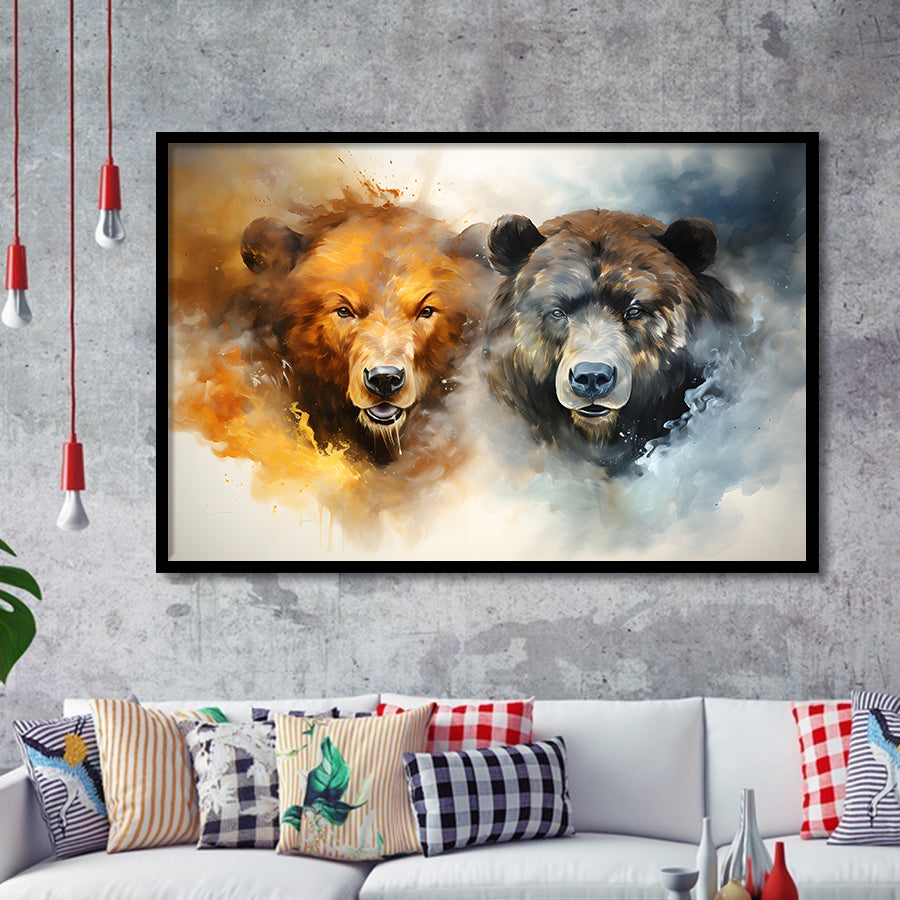 Couple Bear Head Framed Art Prints Wall Decor, Painting Art, Framed Picture