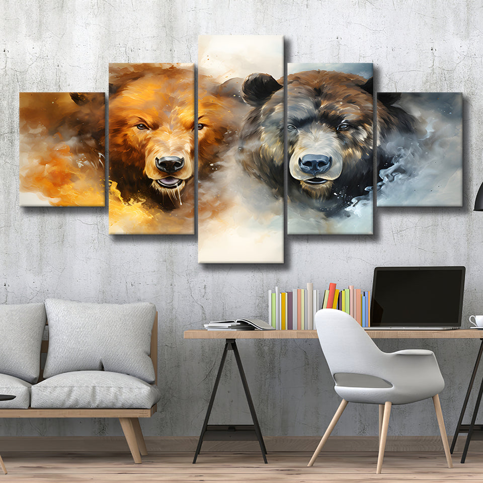 Couple Bear Head 5 Panels Canvas Prints Wall Art Home Decor, Large Mixed Canvas