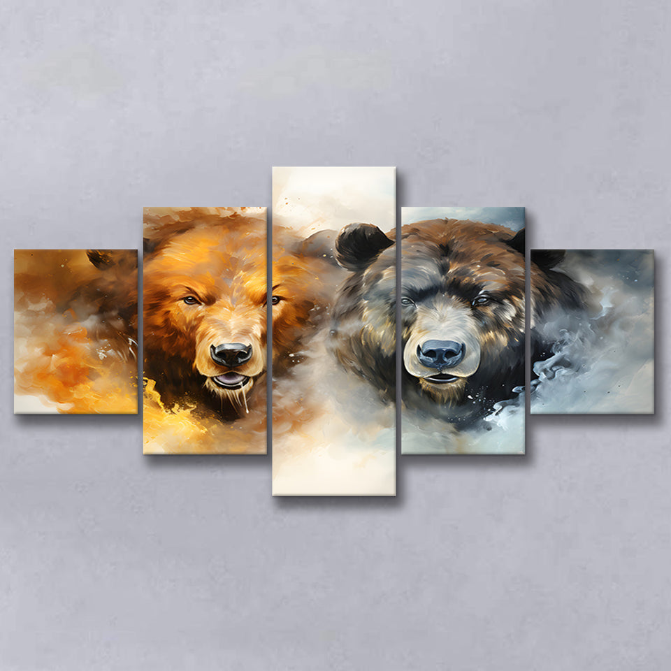 Couple Bear Head 5 Panels Canvas Prints Wall Art Home Decor, Large Mixed Canvas