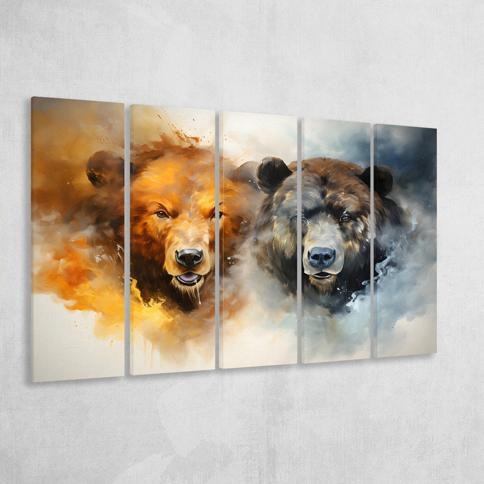 Couple Bear Head 5 Panels B Canvas Prints Wall Art Home Decor, Extra Large Canvas
