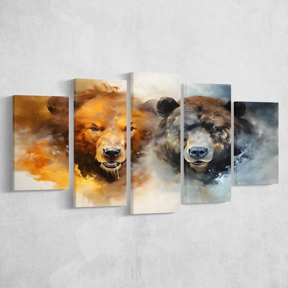 Couple Bear Head 5 Panels Canvas Prints Wall Art Home Decor, Large Mixed Canvas