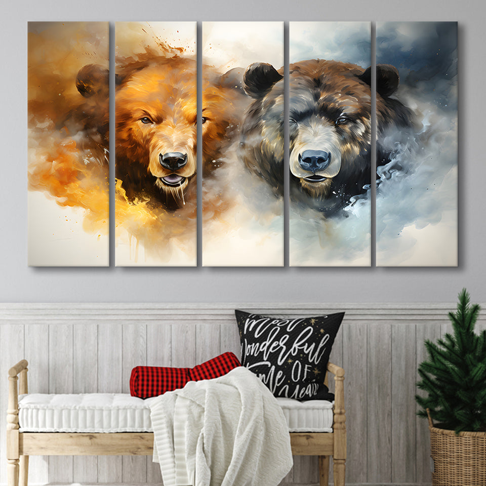 Couple Bear Head 5 Panels B Canvas Prints Wall Art Home Decor, Extra Large Canvas