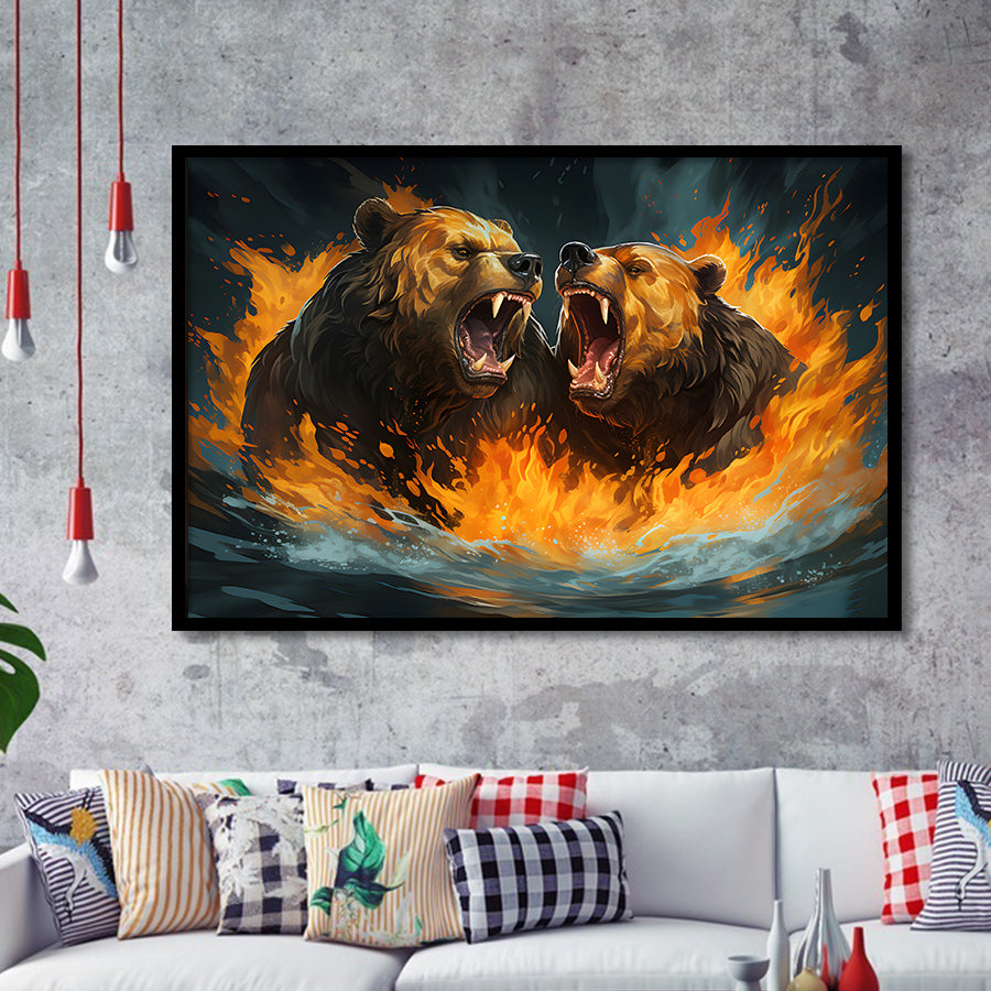 Couple Bear Battle Framed Art Prints Wall Decor, Painting Art, Framed Picture