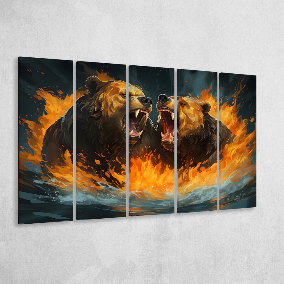 Couple Bear Battle 5 Panels B Canvas Prints Wall Art Home Decor, Extra Large Canvas