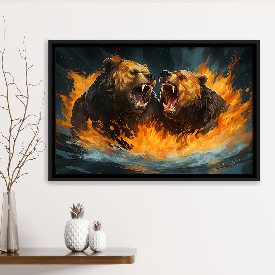 Couple Bear Battle Framed Canvas Prints Wall Art Home Decor, Painting Canvas, Floating Frame